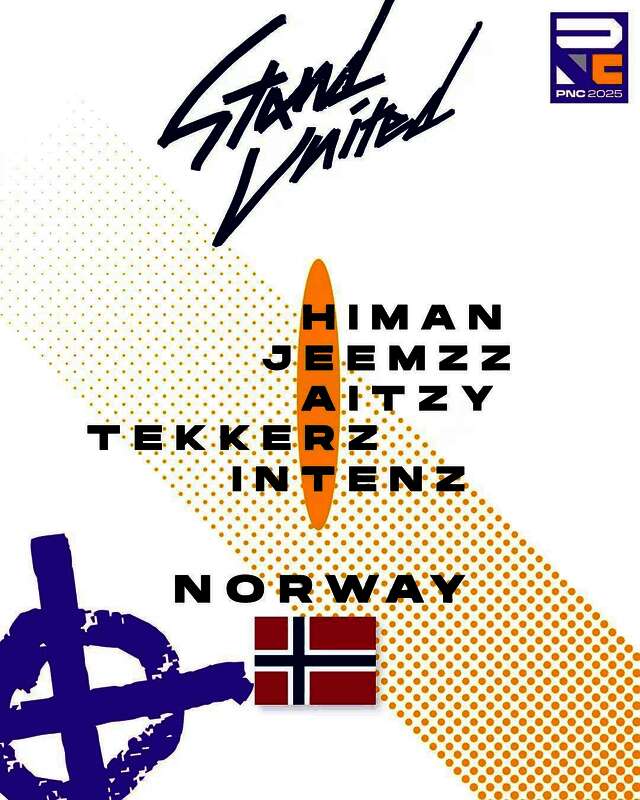 PUBG官方社媒发布挪威PNC阵容公告截图，背景为战队LOGO与选手头像拼接