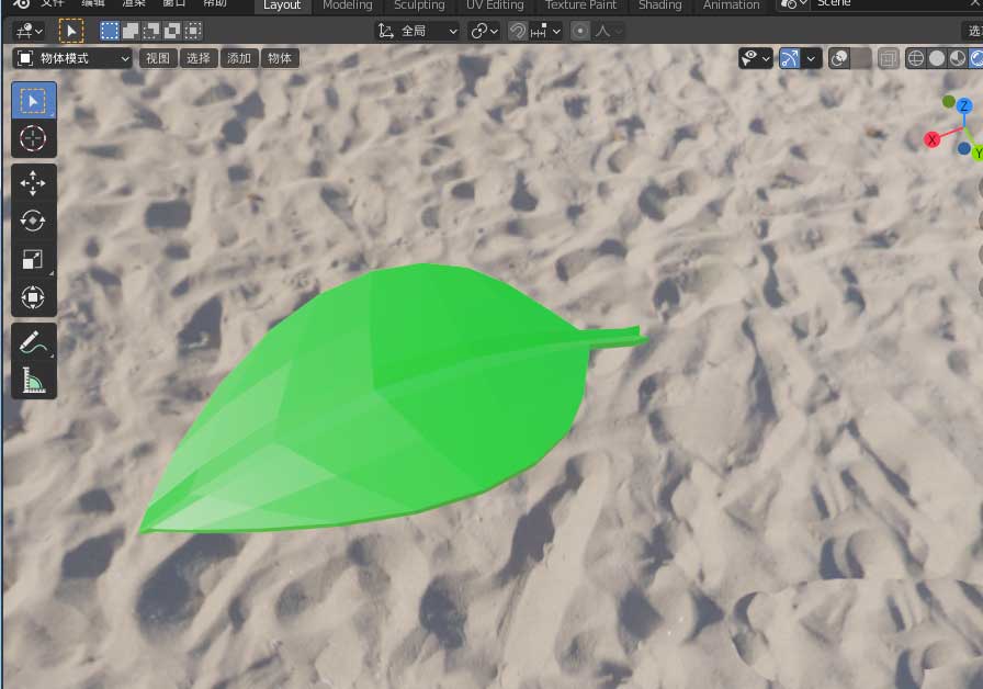最终完成的绿叶模型在Blender中的渲染效果图
