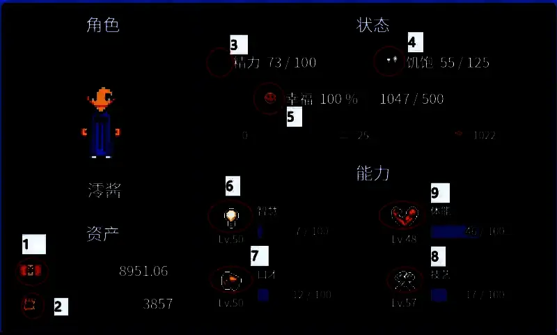 《江城大赢家》人物属性详情截图，清晰展示资金与其他属性之间的关联关系