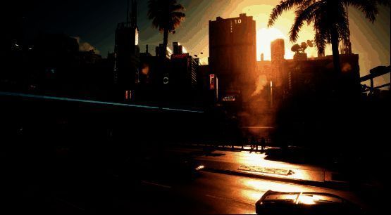 《赛博朋克2077》夜之城全景图，霓虹闪烁，科技感十足