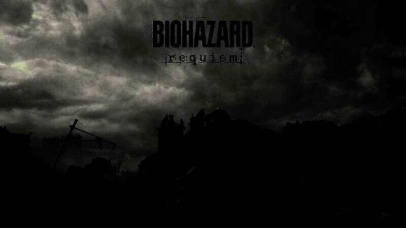 浣熊市废墟全景，建筑残破，雾气弥漫