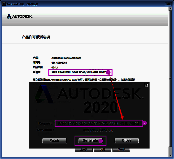 注册机生成激活码界面，显示Request和Activate区域