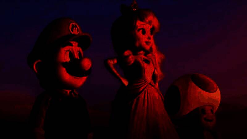 复古风格的碧姬公主艺术作品，红棕色头发、深色眼睛，身着米白色连衣裙，背景为现代马里奥游戏场景