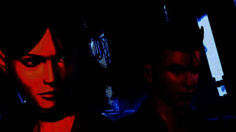 生化危机系列经典封面艺术图，展现角色克里斯与吉尔在洋馆中的紧张时刻