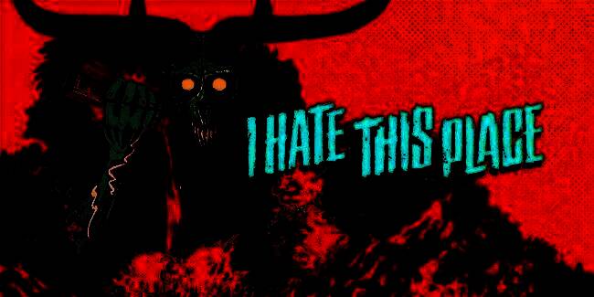 游戏宣传图，画面中展示出一幅充满诡异氛围的场景，背景阴森，前景有模糊人影