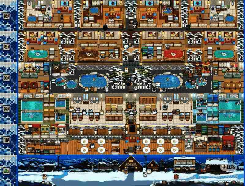 冬季主题温泉馆内部布景，雪人、雪花灯等元素营造出寒冷氛围