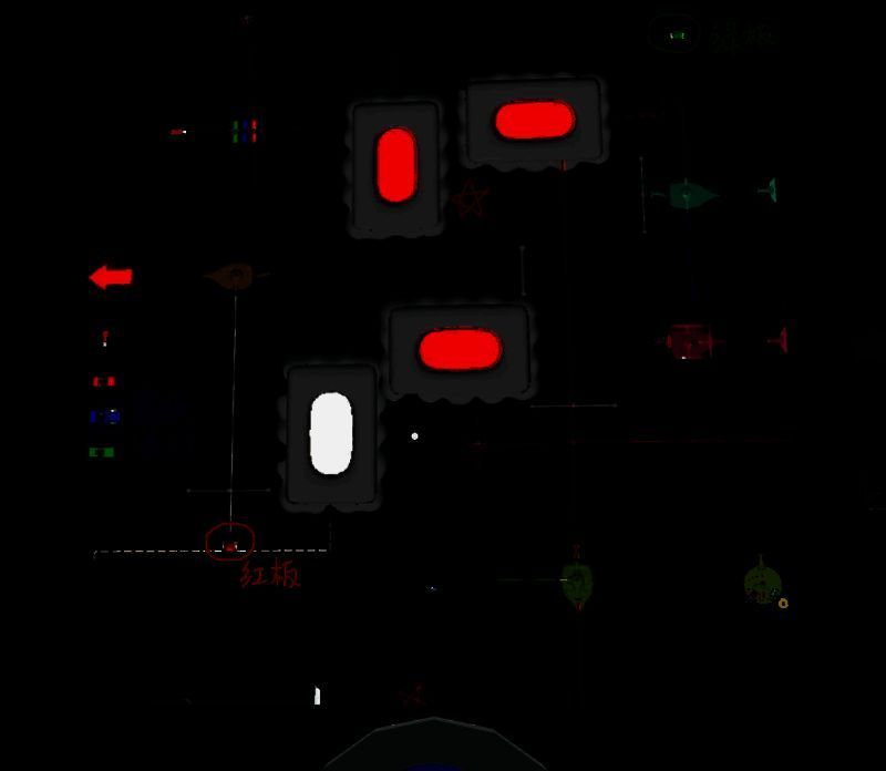 《物之梦》水怪联动谜题示意图，展示各色水怪激光配置及粉色水怪移动路线