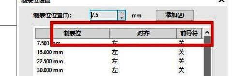 制表位列表详细展示，每一项均带有对应的位置数值信息