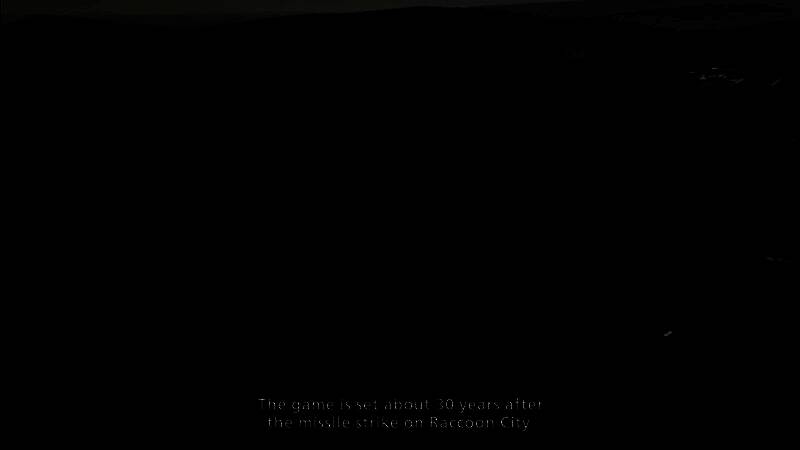 浣熊市爆炸后的废墟场景，天空灰暗，象征着末日气息