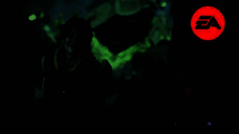 EA总部外观，现代化建筑与公司LOGO醒目可见