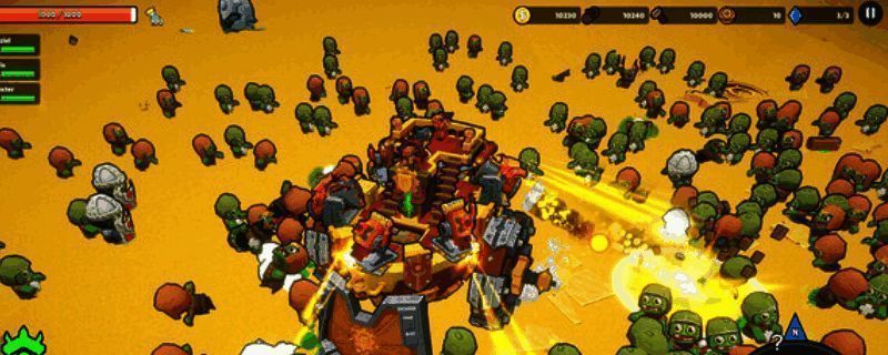 游戏主视觉图，展示未来感十足的陆上战舰与变异怪物对峙场景