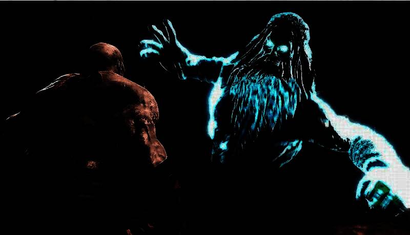 《战神》系列经典战斗场景，奎托斯挥舞武器与神话生物激烈对抗