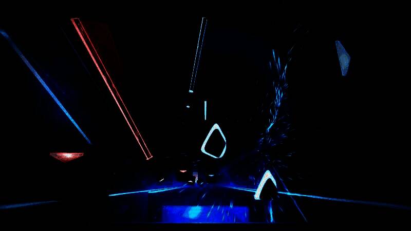 《节奏光剑》PS平台游戏画面，玩家手持光剑切割音符