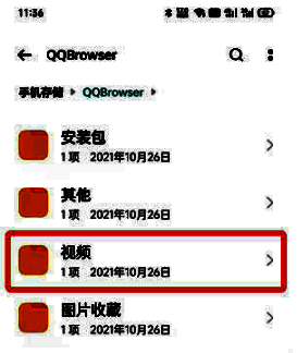 QQ浏览器文件管理界面截图，展示视频分类选项