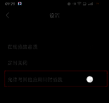 汽水音乐设置中的音频播放选项界面，展示了允许与其他应用一同播放的功能位置