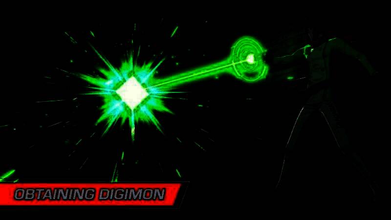 数码兽与主角对峙的场景，背景为都市废墟