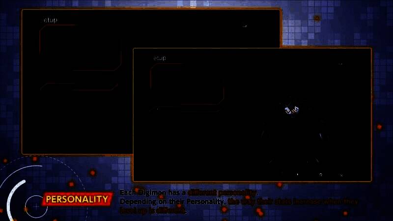 技能装备界面展示，多个技能图标围绕数码兽旋转