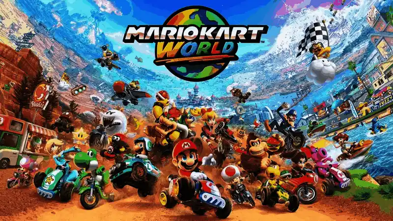 《马里奥赛车：世界》游戏封面，卡通风格赛道与角色齐聚一堂