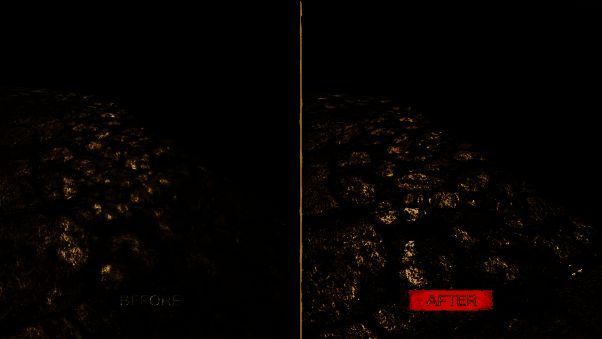 游戏场景细节对比图，左侧为旧版右侧为新版，明显提升画质表现