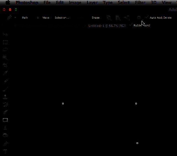 钢笔工具橡皮带模式示意图，展示路径预览效果