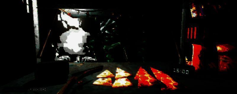 游戏中诡异的厨房场景，昏暗灯光下摆放着各种不寻常食材，营造出压抑氛围