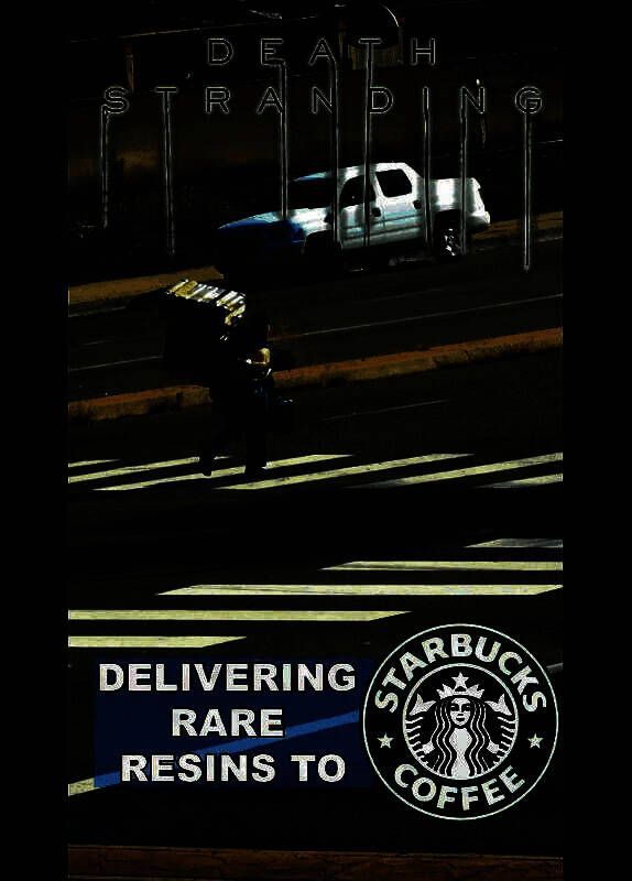 真人演绎《死亡搁浅》街头送货场景，角色身穿厚重装备背负包裹