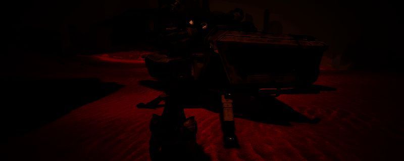 玩家角色在充满辐射的环境中艰难前行，身穿全套防护装备