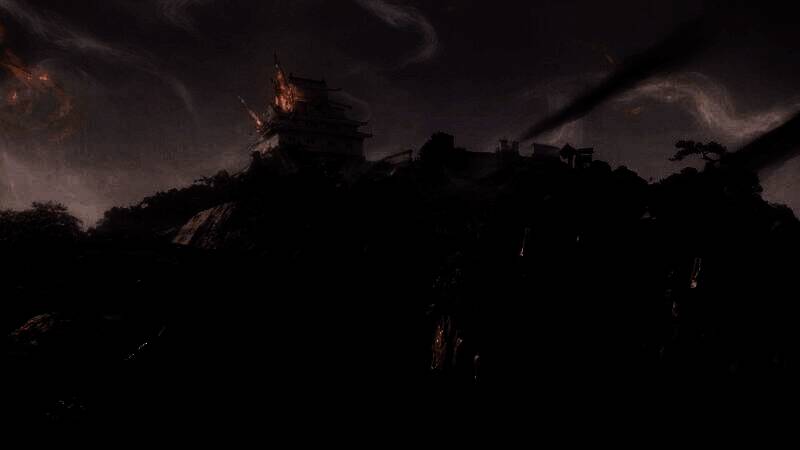 玩家角色手持武士刀与忍者手里剑，背景为暗黑风格的战场环境