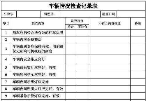 车辆检查记录表样本展示