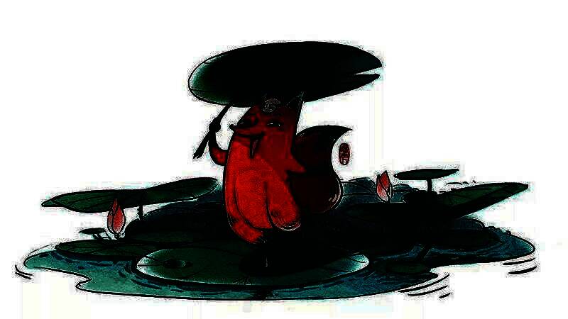 完成后的插画展示一只可爱的小狐狸站在荷叶上，背景是宁静的池塘和柔和的自然光线