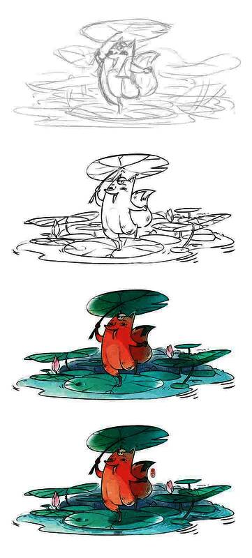 正在绘制中的小狐狸插画，草图轮廓已清晰可见