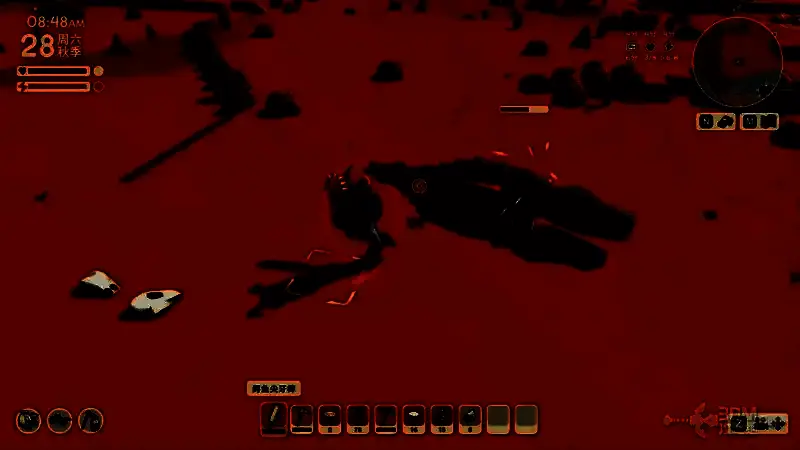 玩家正在躲避变异鳄鱼的冲刺攻击，画面展现角色快速侧移动作