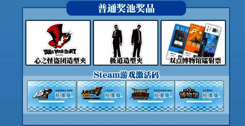 普通奖池奖品展示，包含周边手办、游戏兑换码等