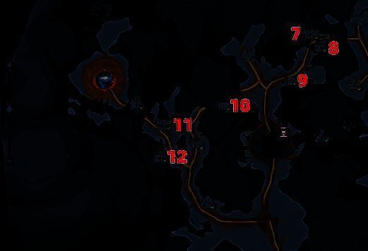 史莱克学院左侧副本场景截图，显示多个宝箱图标标记