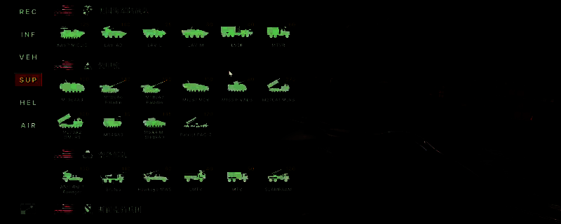 游戏中展示美军空中单位编队飞行的画面，包括直升机、固定翼战机及支援机协同作战场景