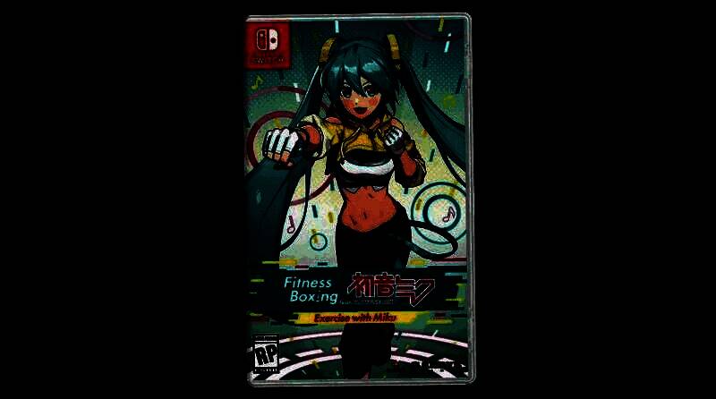 初音未来在虚拟健身房中进行拳击训练的场景，背景为动态音乐节奏特效