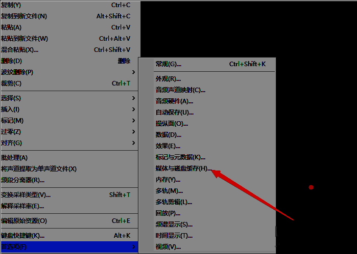 首选项窗口中媒体与磁盘缓存设置页面被选中