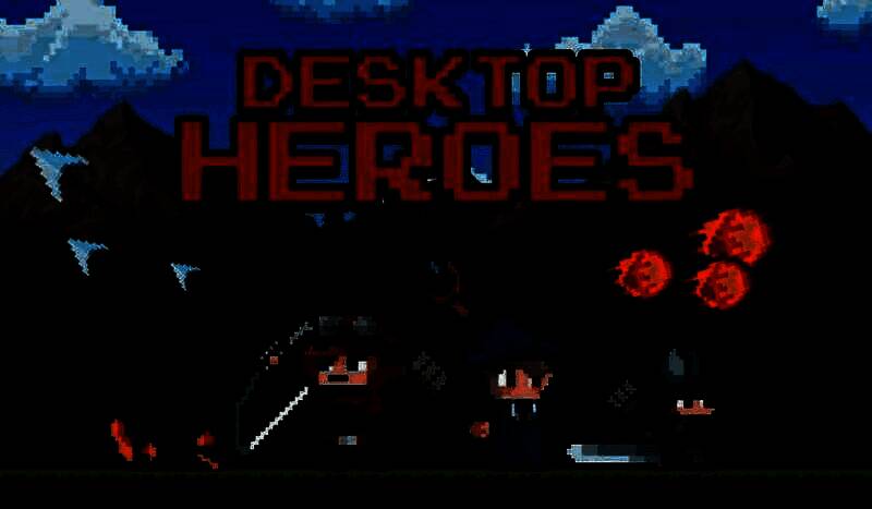 《Desktop Heroes》游戏界面展示，一个像素小窗口在屏幕底部运行，角色自动战斗