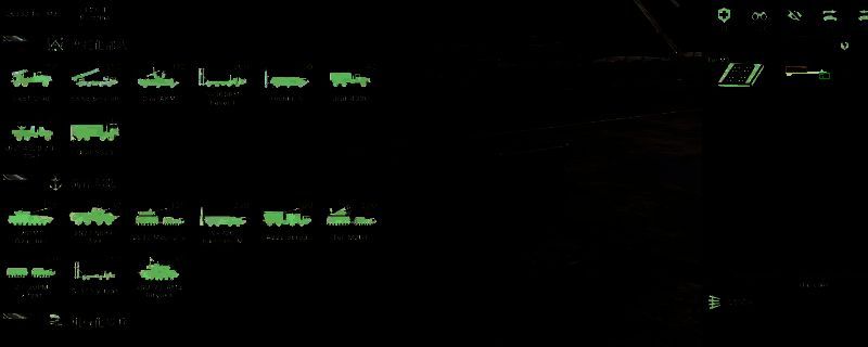 游戏中俄军空中单位展示，包括直升机、防空导弹车和电子战车辆