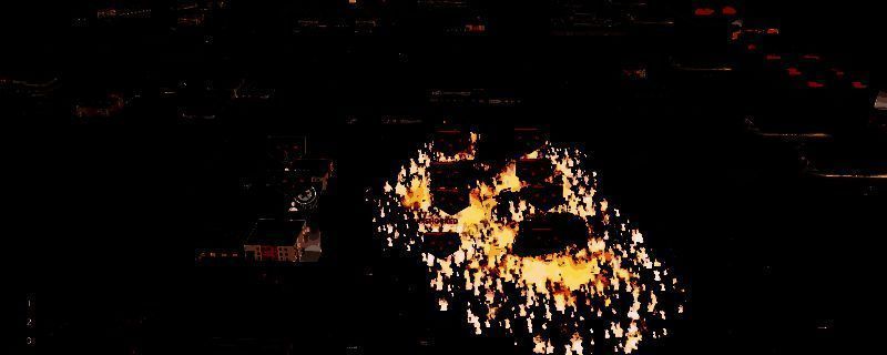 游戏中燃烧弹引爆后的火焰覆盖大片区域，地面被烈焰吞噬