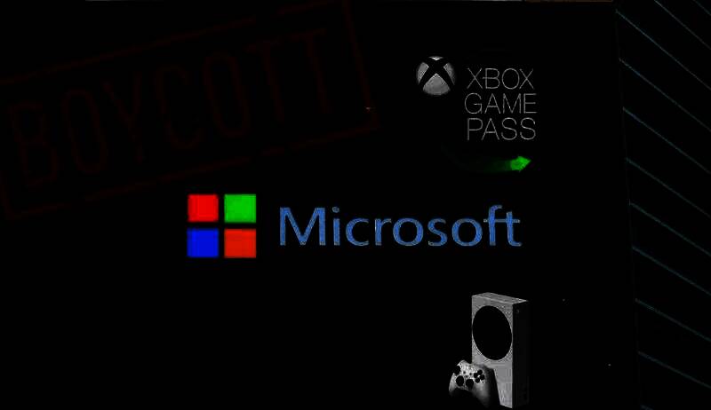 微软总部外观，背景阴沉，象征公司当前面临的困境