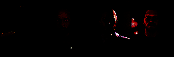 角色对峙画面，模糊身影站在门口，表情诡异难辨