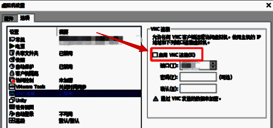 VMware Workstation 启用 VNC 连接选项截图