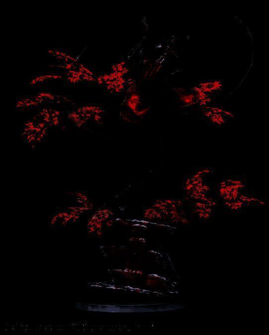 雕像正面展示，主角持剑站立，身后是燃烧般的红叶背景