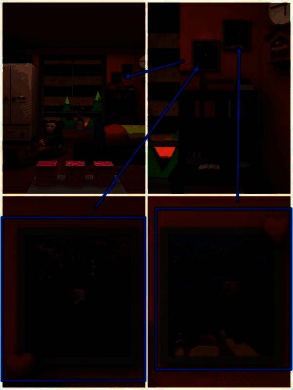 卧室墙上两张照片展示不同季节特征与爱心标记的位置