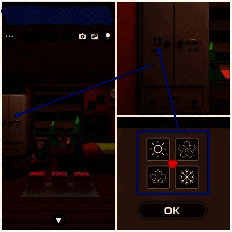 衣柜左侧密码锁调整示意图，显示四个图标对应位置