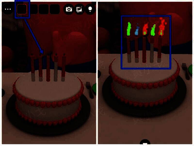 生日蛋糕上五根燃烧的蜡烛呈现出不同颜色