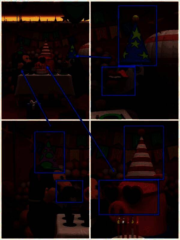 三只动物分别戴着带有星星、横线、圆形标志的帽子