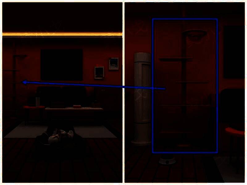 客厅场景中的猫爬架，猫咪正在攀爬