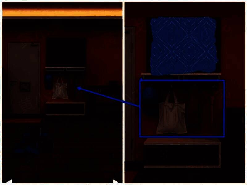 玄关挂钩上依次挂着蓝色、白色、红色和黄色物品